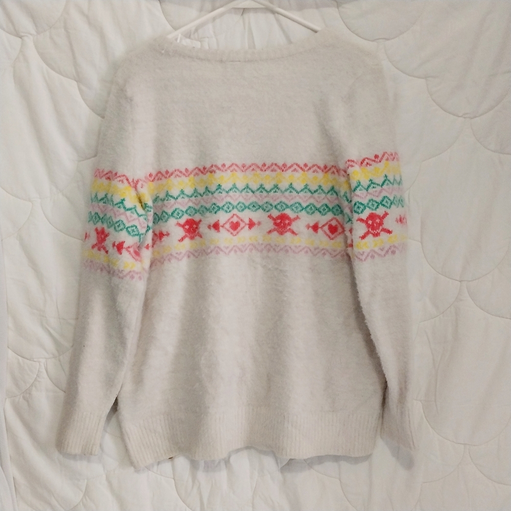 Torrid Women's 1x Fuzzy Yarn Cream Pullover Crewneck Fair Isle Sweater Skulls - Picture 9 of 9
